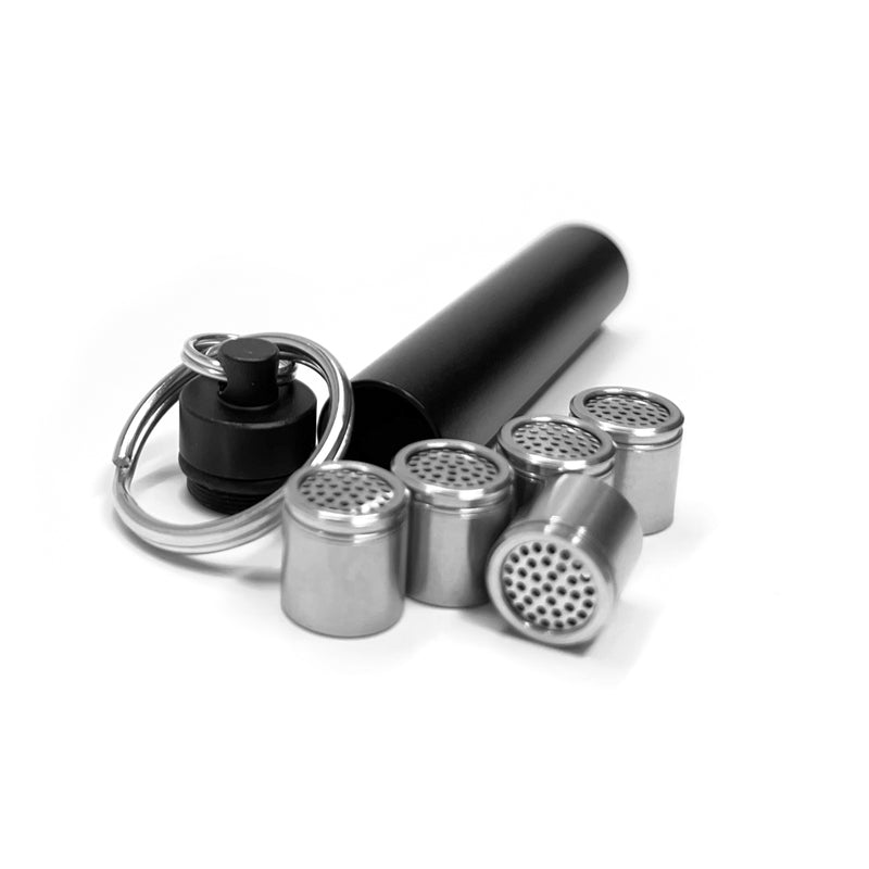 SYDNEY VAPORIZERS - 5 STAINLESS STEEL DOSING CAPS FOR FENIX PRO OR FENIX MINI IN A METAL KEYRING CADDY